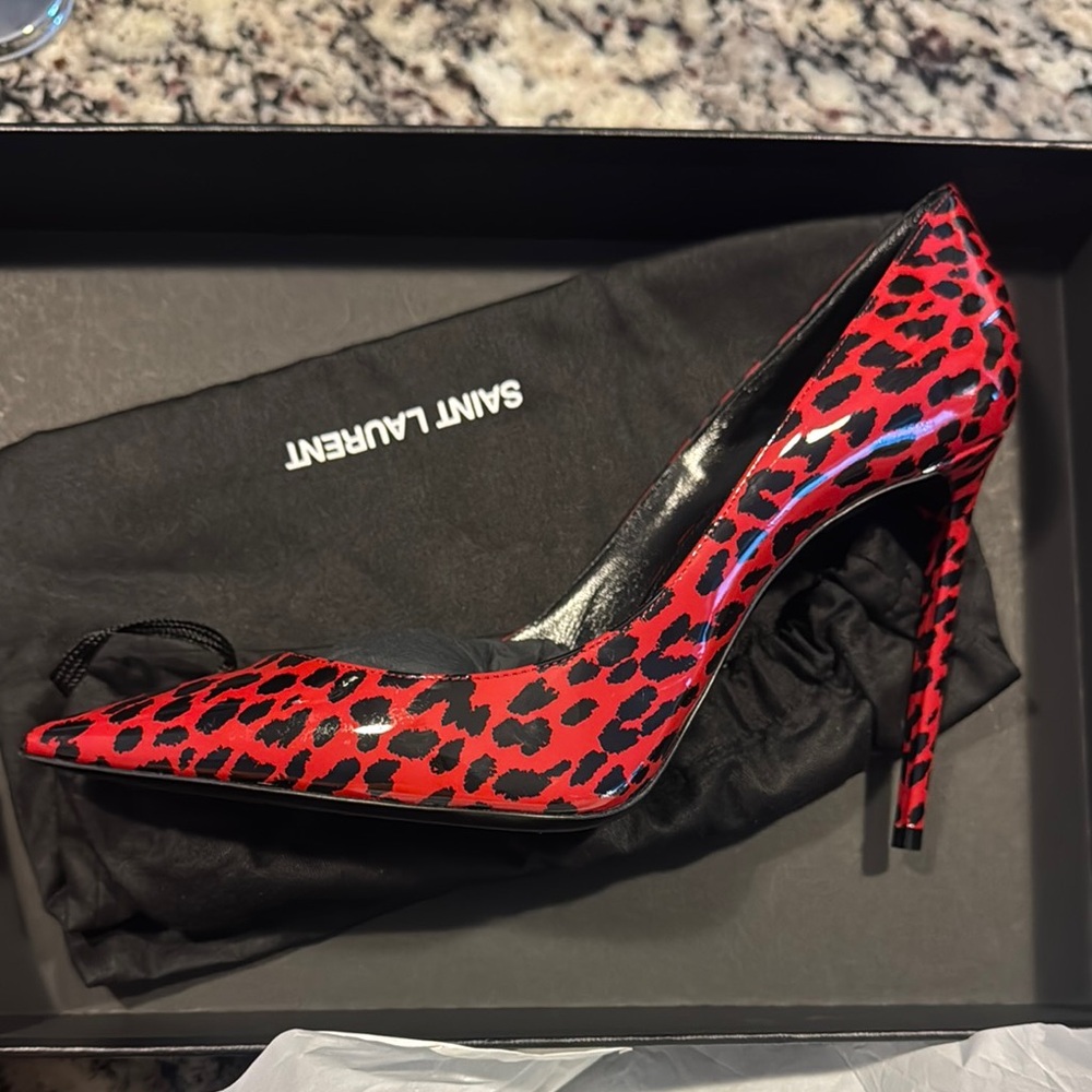 Saint Laurent Red Leopard Print Stiletto Heels